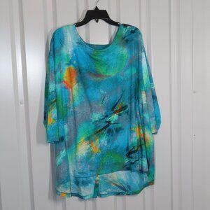 Parsley & Sage Womens Cotton Blend Tunic Watercolor Print Blue Green Size 2X EUC